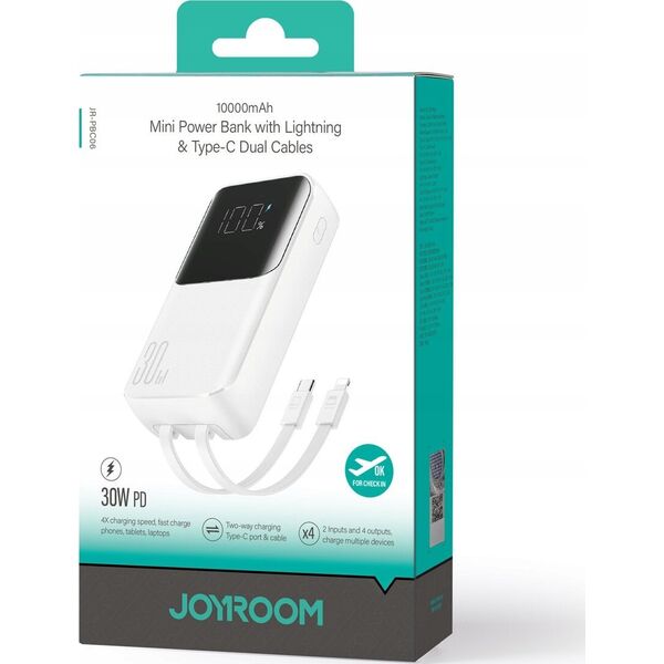 Powerbank Joyroom Powerbank Joyroom JR-PBC06 10000mAh 30W + wbudowane kable USB-C, Lightning biały