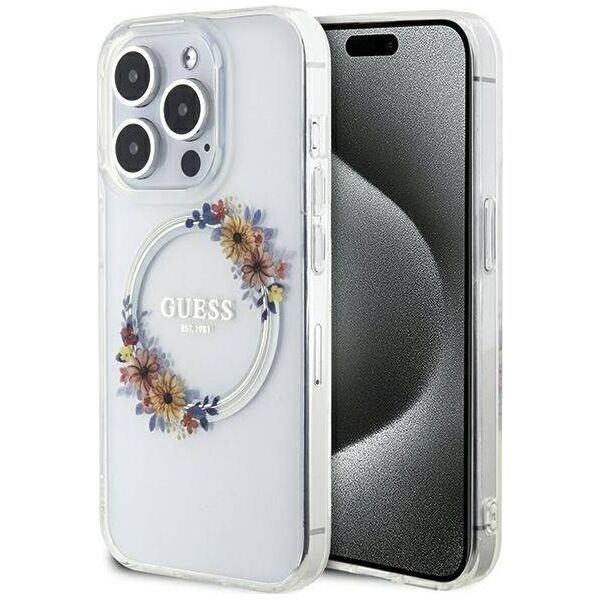 Guess GUESS GUHMP15XHFWFCT IPHONE 15 PRO MAX 6.7" TRANSPARENT HARDCASE IML FLOWERS WREATCH MAGSAFE standard