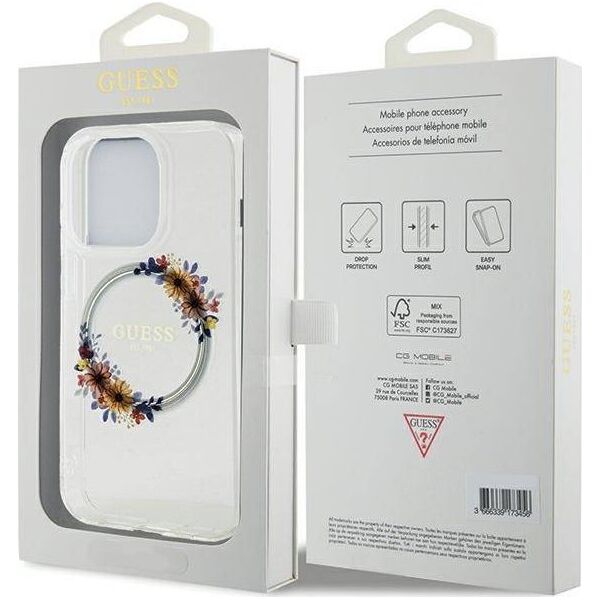 Guess GUESS GUHMP15XHFWFCT IPHONE 15 PRO MAX 6.7" TRANSPARENT HARDCASE IML FLOWERS WREATCH MAGSAFE standard