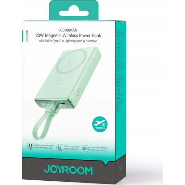 Powerbank Joyroom Powerbank Joyroom JR-PBM01 MagSafe 10000mAh 20W z podstawką + kabel Lightning / USB-C zielony