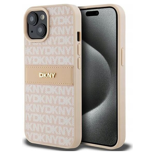DKNY DKNY DKHCP15SPRTHSLP iPhone 15 / 14 / 13 6.1" różowy/pink hardcase Leather Mono Stripe & Metal Logo