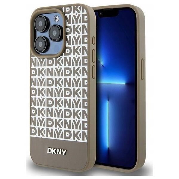 DKNY DKNY DKHMP15LPSOSPW iPhone 15 Pro 6.1" brązowy/brown hardcase Leather Printed Pattern Metal Logo MagSafe