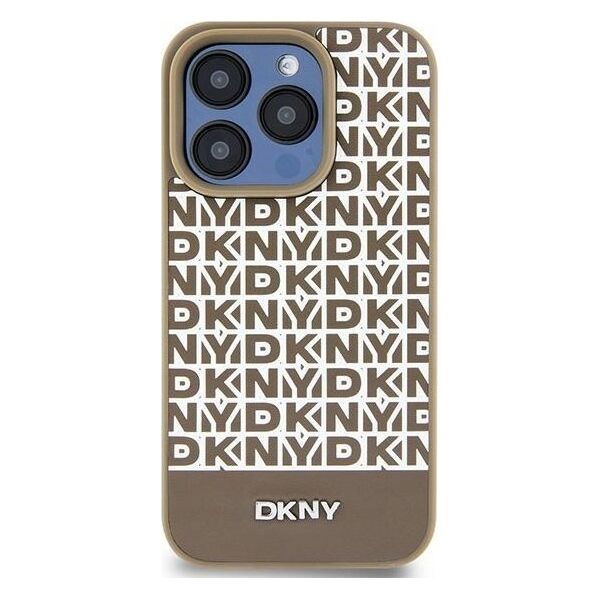DKNY DKNY DKHMP15SPSOSPW iPhone 15 / 14 / 13 6.1" brązowy/brown hardcase Leather Printed Pattern Metal Logo MagSafe