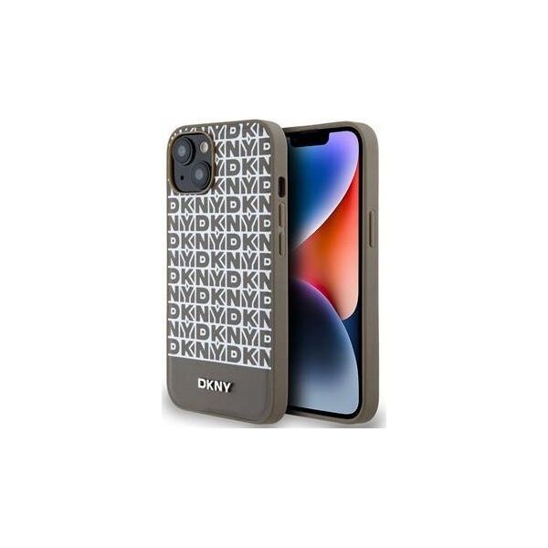 DKNY DKNY DKHMP15SPSOSPW iPhone 15 / 14 / 13 6.1" brązowy/brown hardcase Leather Printed Pattern Metal Logo MagSafe