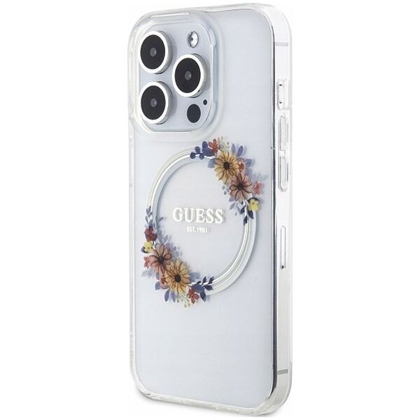 Guess Oryginalne Etui GUESS Hardcase GUHMP15LHFWFCT do iPhone 15 Pro (Kompatybilny z Magsafe / Flowers Wreath / transparent)