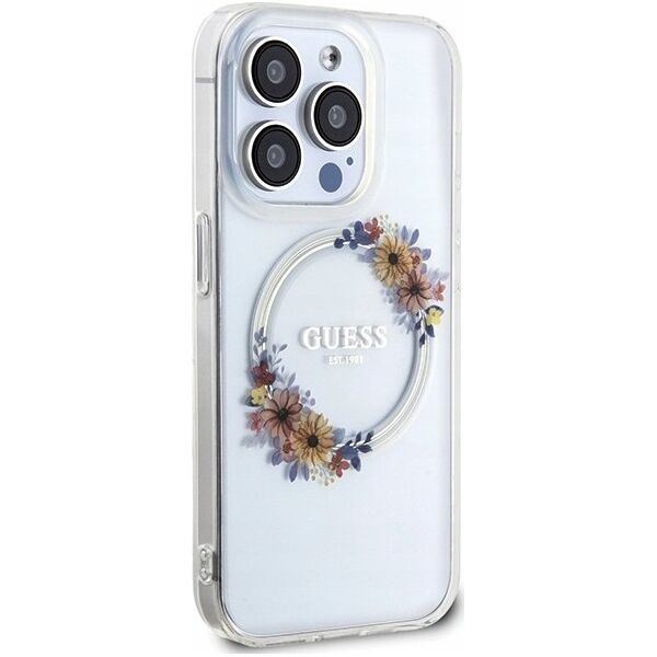 Guess Oryginalne Etui GUESS Hardcase GUHMP15LHFWFCT do iPhone 15 Pro (Kompatybilny z Magsafe / Flowers Wreath / transparent)
