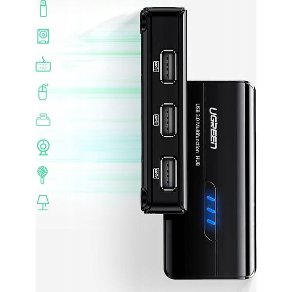Adapter USB Ugreen Adapter sieciowy Ugreen 20264 RJ45 / USB-A 10/100Mbps HUB 3x USB-A 2.0 - czarny