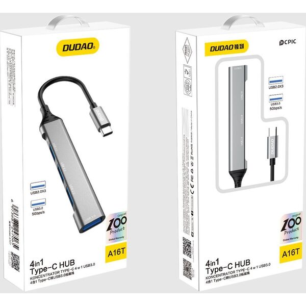 Dudao Dudao HUB 4in1 USB-C/4x USB-A(3 x USB 2.0/USB 3.0) 6,3cm czarny (A16T)