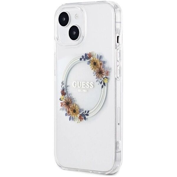Guess Oryginalne Etui GUESS Hardcase GUHMP15SHFWFCT do iPhone 15 (Kompatybilny z Magsafe / Flowers Wreath / transparent)