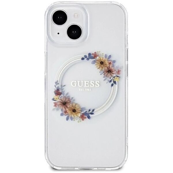 Guess Oryginalne Etui GUESS Hardcase GUHMP15SHFWFCT do iPhone 15 (Kompatybilny z Magsafe / Flowers Wreath / transparent)