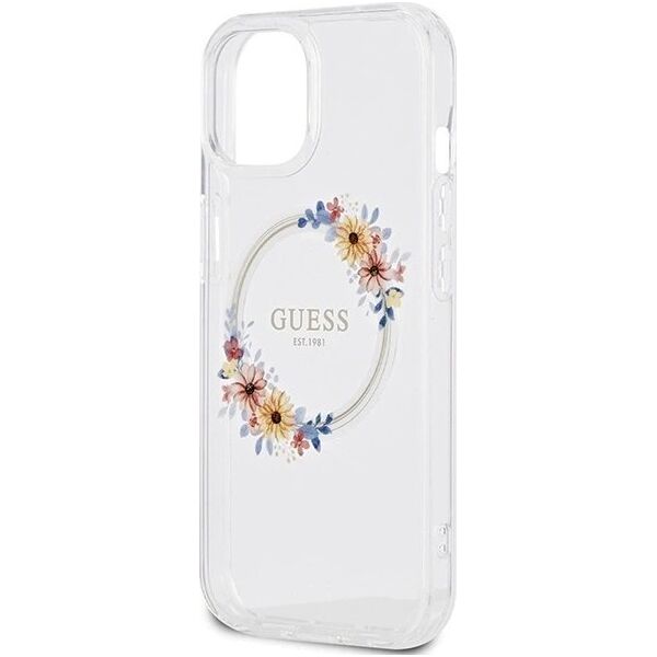 Guess Oryginalne Etui GUESS Hardcase GUHMP15SHFWFCT do iPhone 15 (Kompatybilny z Magsafe / Flowers Wreath / transparent)
