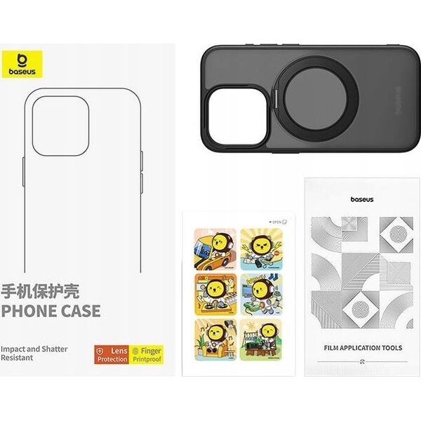 Baseus Etui Baseus SkyRing Magnetic ze stojakiem dla iP 15 Pro + szkło hartowane i zestaw czyszczący (czarny)