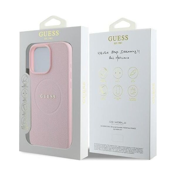 Guess Guess GUHMP15XPGHSMMP iPhone 15 Pro Max 6.7" różowy/pink MagSafe PU Grained Gold Ring
