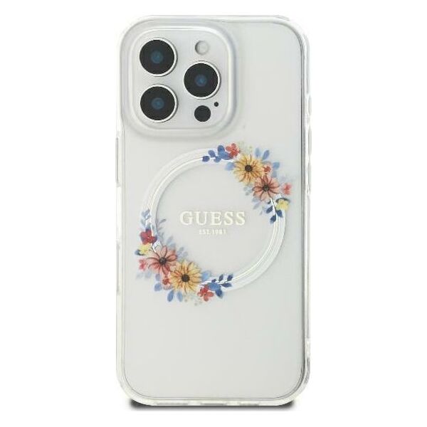 Guess Guess GUHMP16SHFWFCT iPhone 16 6.1" przeźroczysty/transparent hardcase IML Flowers Wreath MagSafe