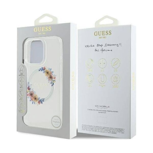 Guess Guess GUHMP16SHFWFCT iPhone 16 6.1" przeźroczysty/transparent hardcase IML Flowers Wreath MagSafe
