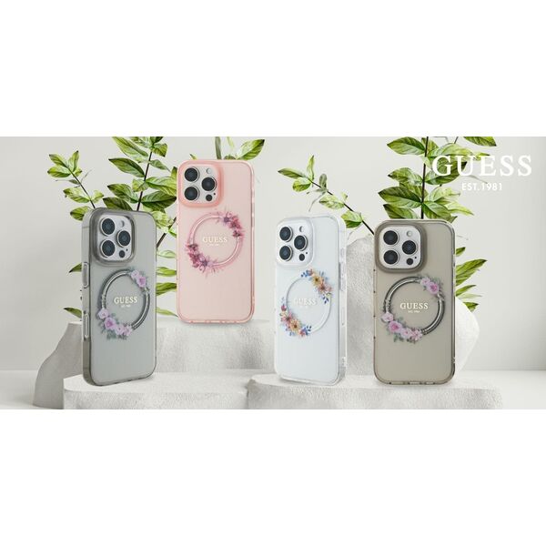 Guess Guess GUHMP16SHFWFCT iPhone 16 6.1" przeźroczysty/transparent hardcase IML Flowers Wreath MagSafe