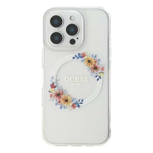 Guess Guess GUHMP16SHFWFCT iPhone 16 6.1" przeźroczysty/transparent hardcase IML Flowers Wreath MagSafe