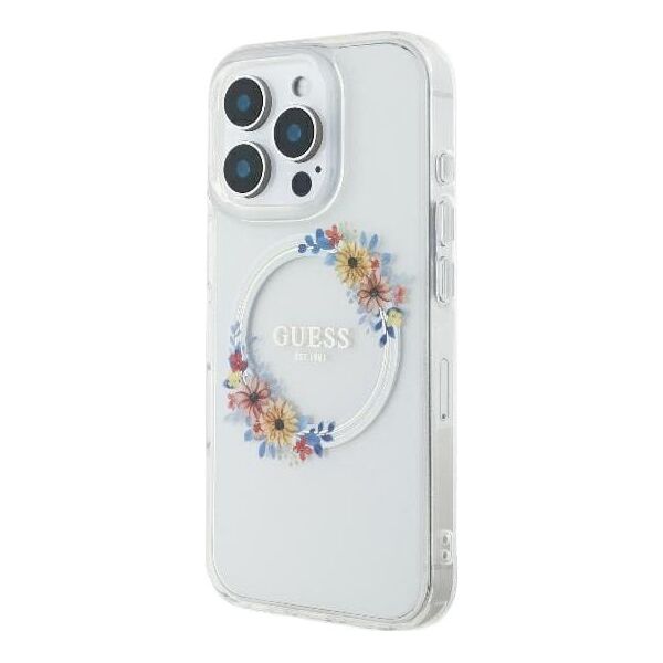 Guess Guess GUHMP16SHFWFCT iPhone 16 6.1" przeźroczysty/transparent hardcase IML Flowers Wreath MagSafe