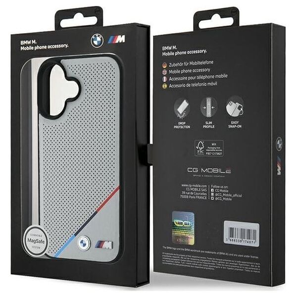 BMW BMW BMHMP16S23PUPDG iPhone 16 6.1" szary/grey hardcase M Perforated Tricolor Line MagSafe