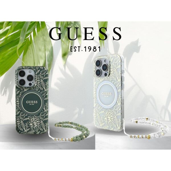 Guess Guess GUHMP16MHCPOFPA iPhone 16 Plus 6.7" zielony/green hardcase IML Flowers Allover Electro With Pearl Strap MagSafe