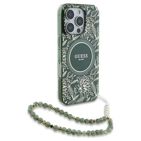 Guess Guess GUHMP16MHCPOFPA iPhone 16 Plus 6.7" zielony/green hardcase IML Flowers Allover Electro With Pearl Strap MagSafe