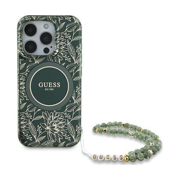 Guess Guess GUHMP16MHCPOFPA iPhone 16 Plus 6.7" zielony/green hardcase IML Flowers Allover Electro With Pearl Strap MagSafe