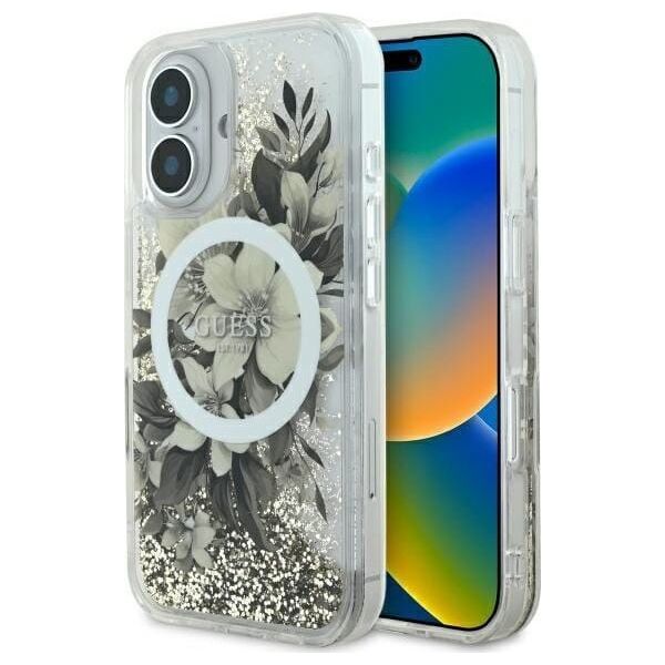 Guess Guess GUHMP16SLFMWTE iPhone 16 6.1" beżowy/beige hardcase Liquid Glitter Flower MagSafe