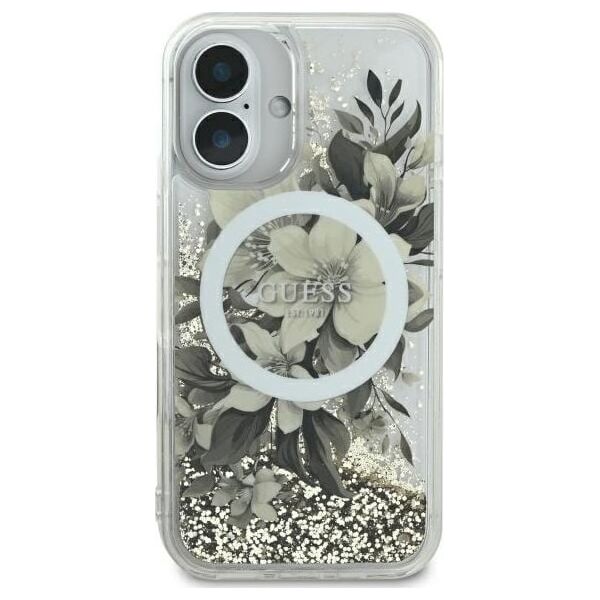 Guess Guess GUHMP16SLFMWTE iPhone 16 6.1" beżowy/beige hardcase Liquid Glitter Flower MagSafe