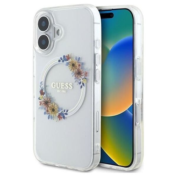 Guess Guess GUHMP16MHFWFCT iPhone 16 Plus 6.7" przeźroczysty/transparent hardcase IML Flowers Wreath MagSafe