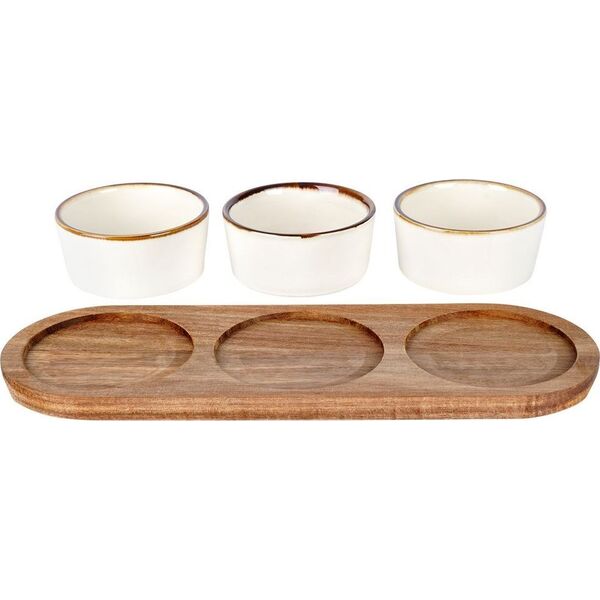 Excellent Houseware Zestaw porcelanowych miseczek do serwowania, akacjowa podstawka