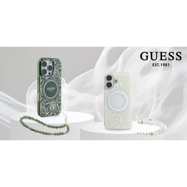Etui Guess GUHMP16SHCPOFPA Apple iPhone 16 hardcase IML Flowers Allover Electro With Pearl Strap MagSafe zielony/green