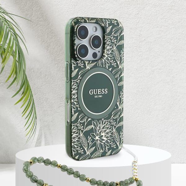 Etui Guess GUHMP16SHCPOFPA Apple iPhone 16 hardcase IML Flowers Allover Electro With Pearl Strap MagSafe zielony/green