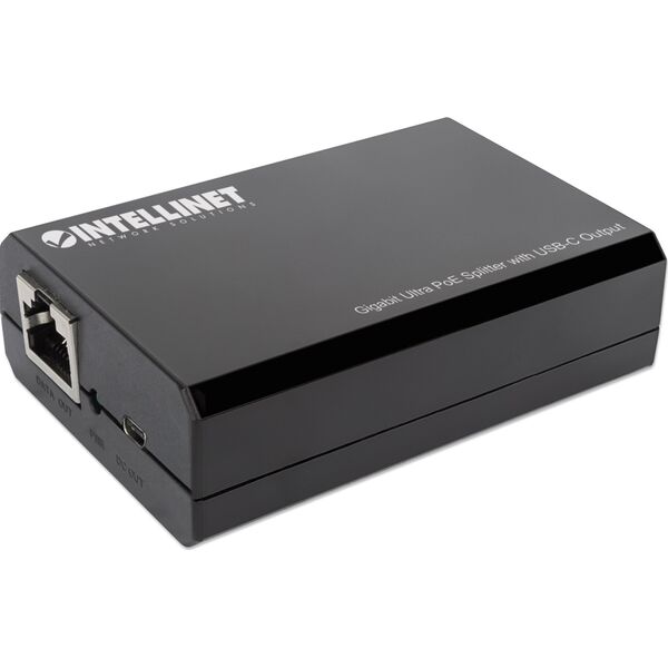 Intellinet PoE Splitter with USB-C Output, PoE++ / 4PPoE, Gigabit Ultra, IEEE 802.3bt, RJ45 In and Out Ports, Up to 45 W USB-C Output Port, IEEE 802.3, IEEE 802.3ab, IEEE 802.3af, IEEE 802.3at, IEEE 802.3bt, IEEE 802.3u, 10/100/1000Base-T(X), Cat5e, Black