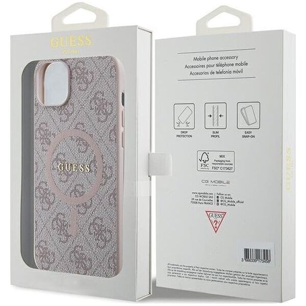 Guess Guess 4G Collection Leather Metal Logo MagSafe - Etui iPhone 15 Plus / 14 Plus (różowy)