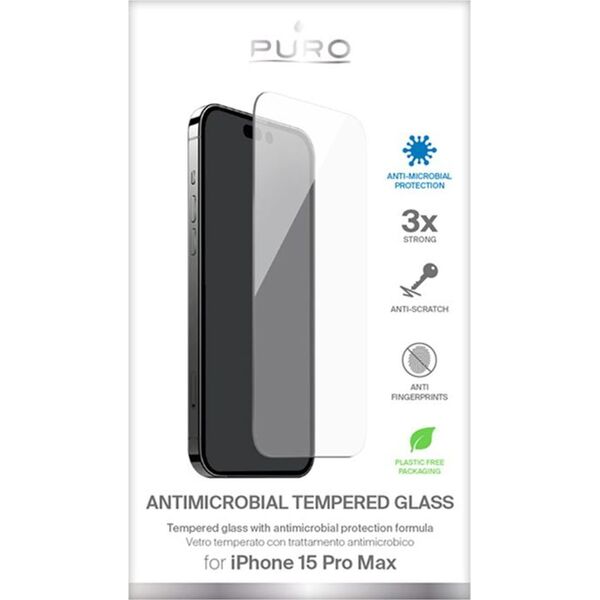 Puro PURO Anti-Bacterial Tempered Glass - Szkło ochronne hartowane z ochroną antybakteryjną iPhone 15 Pro Max