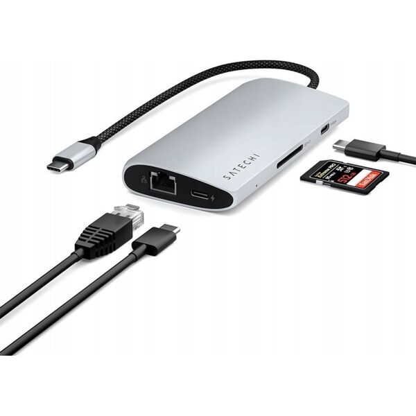 HUB USB Satechi Adapter Satechi USB-C Multiport 8K USB-C / USB-C, HDMI, 3xUSB-A 3.2 Gen 2 10Gbps, USB-A 3.2 Gen 1 5Gbps, SD/TF silver