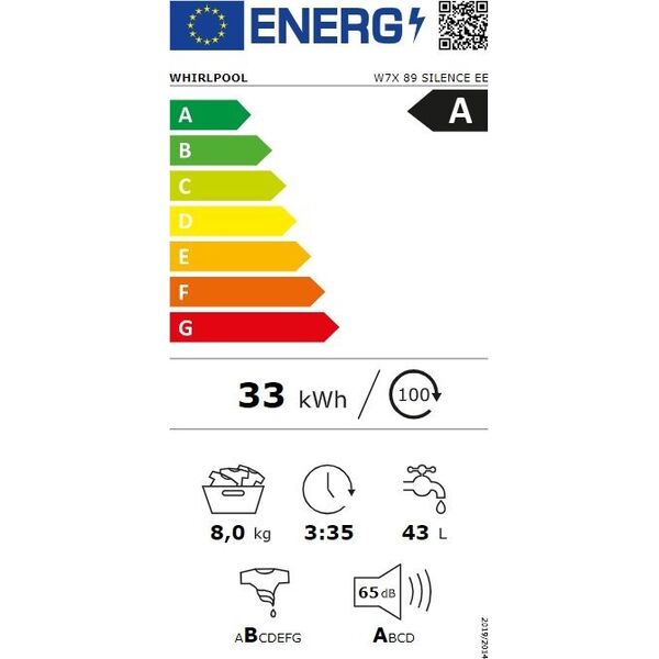 Whirlpool Washing machine | W7X 89 SILENCE EE | Energy efficiency class A | Front loading | Washing capacity 8 kg | 1400 RPM | Depth 61 cm | Width 60 cm | Display | LCD | White