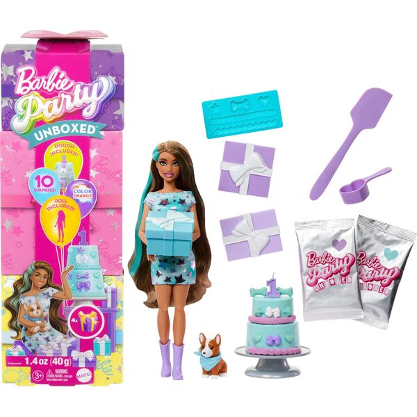 „Barbie Party Unboxed Reveal“ siurprizų rinkinys - tamsiaplaukė lėlė