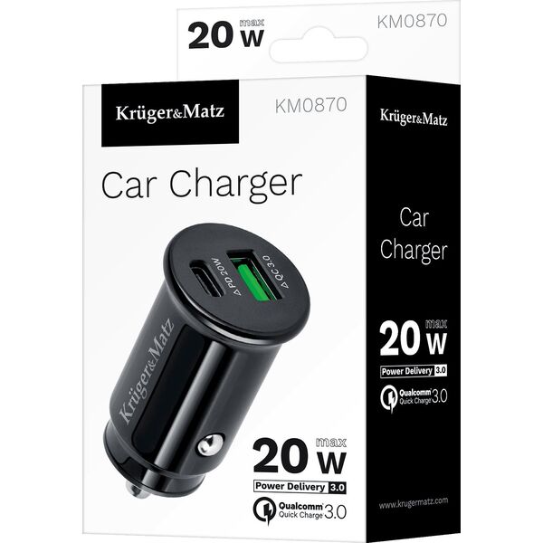 Ładowarka Kruger&Matz Ładowarka samochodowa Kruger&amp|Matz dual USB 3100 mA z funkcją Quick Charge 3.0 i Power Delivery