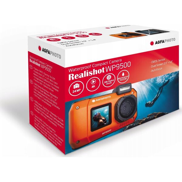 Aparat Podwodny Wodoszczelny 7m 24mp 4k 2x Lcd 18x Zoom / Agfaphoto Wp9500 Pomarańczowy