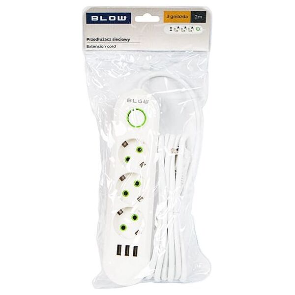 Blow 98-216# Przedłużacz sieciowy ps-320 3-gniazda 3xusb 2m biały 2x1mm