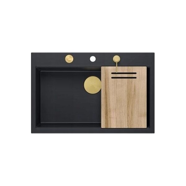 Zlewozmywak GraniteQ Zlewozmywak granitowy MARC 1-komorowy 76x50 cm czarny/pure carbon + Nano ZŁOTO PVD