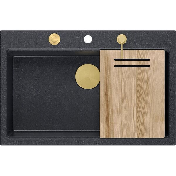 Zlewozmywak GraniteQ Zlewozmywak granitowy MARC 1-komorowy 76x50 cm czarny/black diamond + Nano ZŁOTO PVD