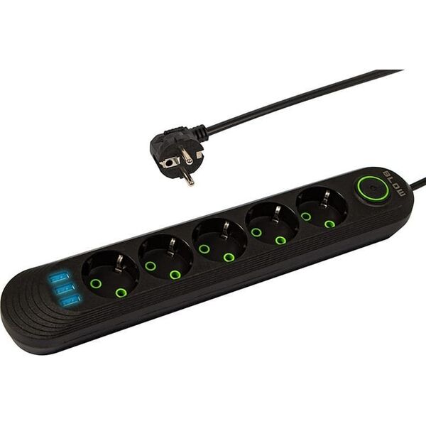 Blow 98-228# Przedłużacz sieciowy ps-550 5-gniazd 3xusb 5m czarny 2x1mm