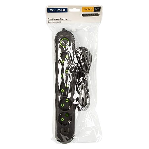 Blow 98-228# Przedłużacz sieciowy ps-550 5-gniazd 3xusb 5m czarny 2x1mm