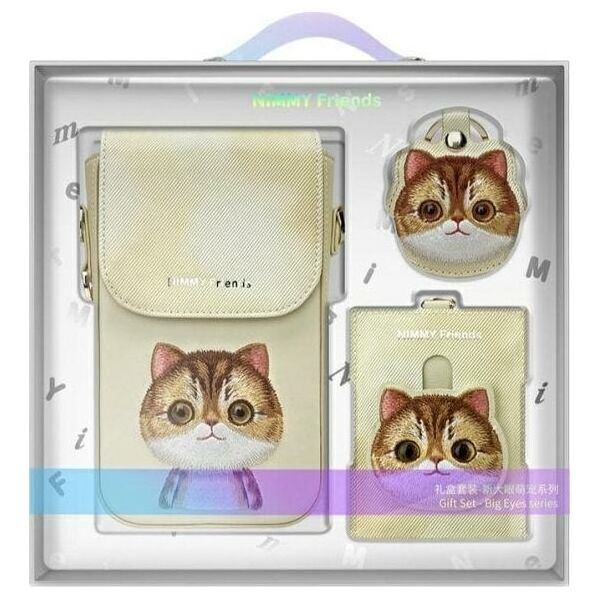 Nimmy Zestaw 3w1 torebka na telefon + portfel + etui na lokalizator khaki Big Eyed Pet 2.0 Cat