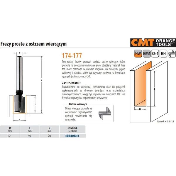 CMT CMT FREZ PROSTY WIERCĄCY HM D=10 I=40 L=90 S=8 CMT174.101.11 - 174.101.11