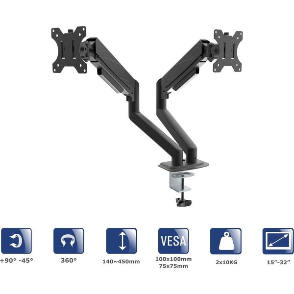 Uchwyt biurkowy na dwa monitory Akyga AK-MB-06 regulowane ramiona gazowe VESA 75x75mm / 100x100mm 15-32"
