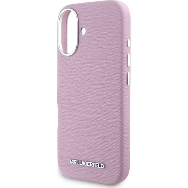 Karl Lagerfeld Saffiano Full Wrapped Elongated Metal Logo MagSafe iPhone 16 Case Pink