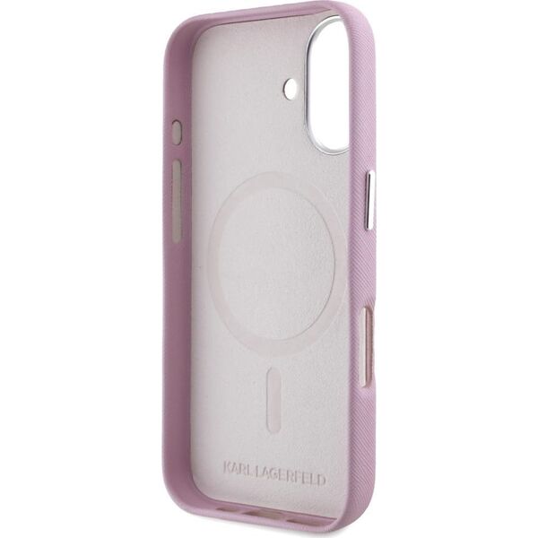 Karl Lagerfeld Saffiano Full Wrapped Elongated Metal Logo MagSafe iPhone 16 Case Pink